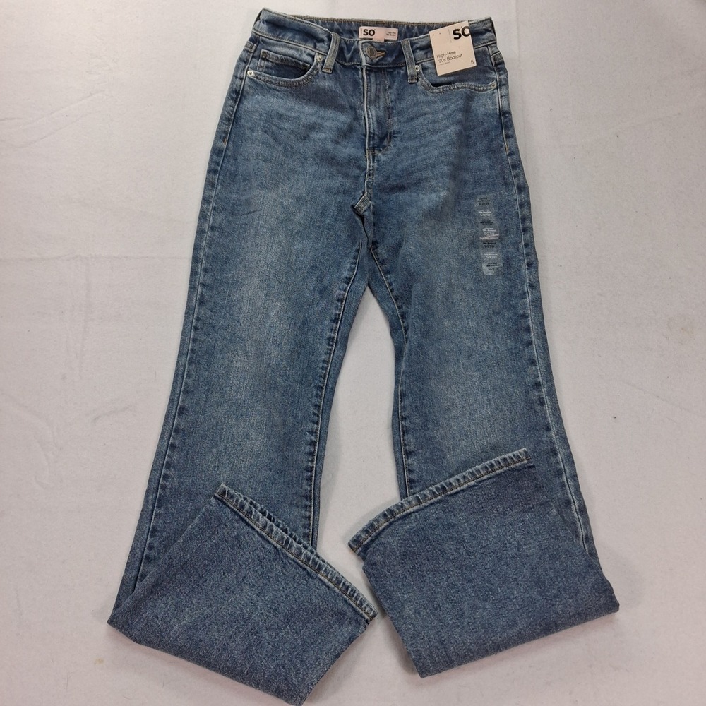 SO Jeans Juniors 5 High-Rise 90s Bootcut Blue Marble Wash Stretch Denim NEW